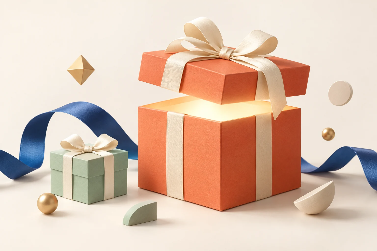 An open coral gift box with an ivory ribbon, beside a mint gift and a flowing blue ribbon